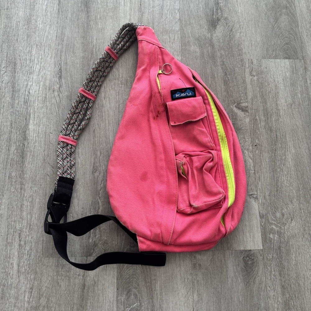 KAVU Rope Sling Bag Highlighter Hot Neon Pink Large 19in Used